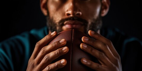 American football player focuses intently while holding a rugby ball Generative AI
