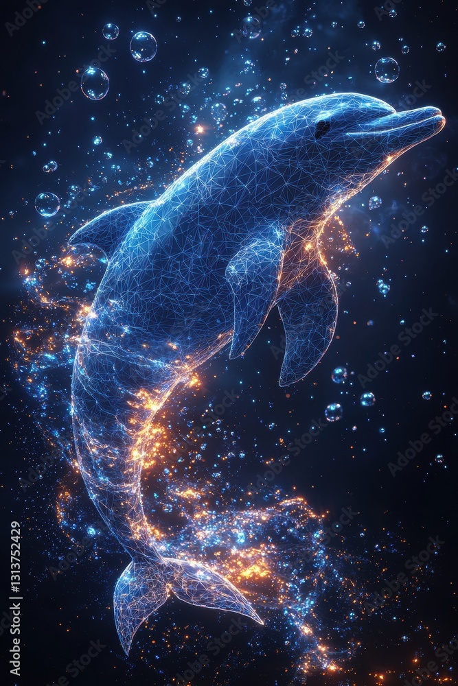 Poster digital dolphin artwork with glowing light patterns underwater
