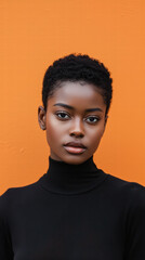 Confident Gaze: A captivating portrait of a young woman with a confident gaze, her dark skin radiating beauty against a vibrant orange background. She's wearing a black turtleneck sweater.