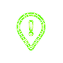 Icon map marker exclamation from the flow of energy of green color. Shimmering neon