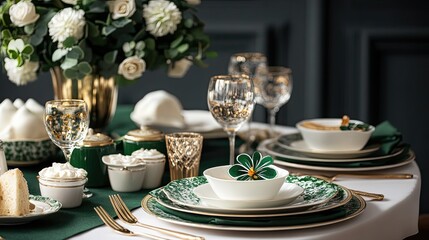Fototapeta premium Elegant Table Setting with Green and Gold Dinnerware and Flowers
