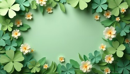 St Patricks Day banner with shamrock four leaf clovers and flowers on green paper cut background. Festive lucky nature decoration. Spring Irish design for holiday celebrate mood.