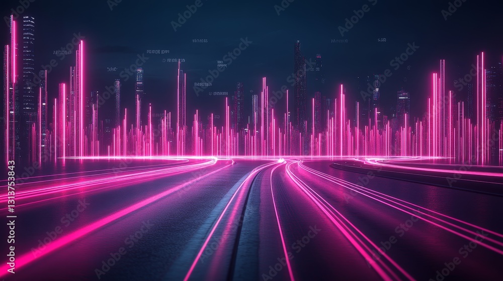 Poster futuristic urban landscape with neon lights and highway creating a vibrant and dynamic cityscape und