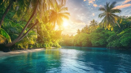 Tranquil Tropical Paradise with Palm Trees and Serene Water at Sunset in a Lush Green Environment