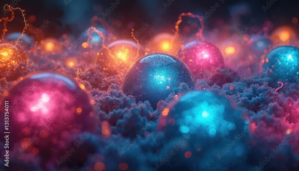Poster orbs with vibrant lightning effects glow in various hues creating visual display. glossy energy sphe