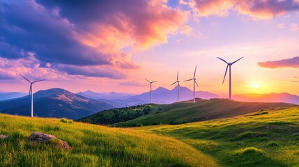 Obraz premium Scenic Wind Turbines on Lush Green Hills Under Colorful Sky