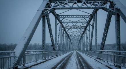 Snowy Bridge Perspective with Metal Structure and Winter Landscape