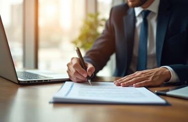 Businessman signs document in office with laptop. Man wearing suit signs paperwork, contract, form using pen at desk. Lawyer reviews legal agreement, certificate. Successful deal, job.
