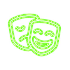 Icon theater masks from the flow of energy of green color. Shimmering neon