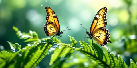 Obraz premium Soft glowing light touches butterfly wings, ethereal beauty dancing through ferns, dreamlike atmosphere enhancing the scene with airy charm and organic allure