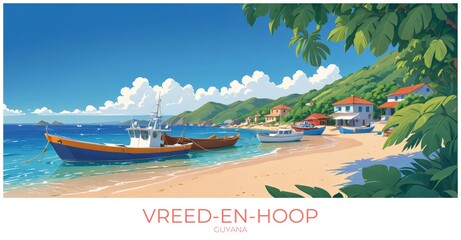 Vreed-en-hoop Guyana Travel Poster Flat Illustration Print Decor Gift Canvas Wall Art