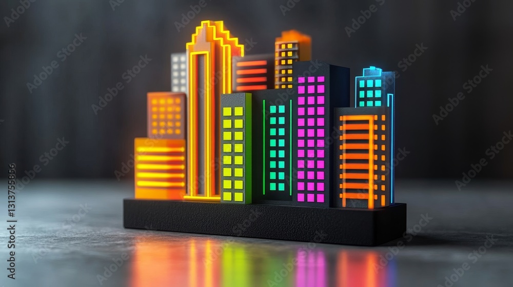 Poster voxel-style modern cityscape with neon lights rendering a futuristic urban scene showcasing architec
