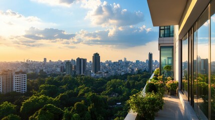 Fototapeta premium Scenic City View from Balcony with Lush Green Landscape at Sunset
