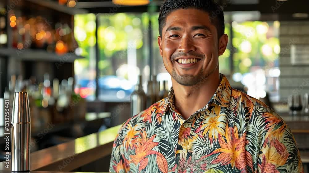 Poster man in a hawaiian shirt is smiling at the camera. he is standing in front of a bar with a few bottle