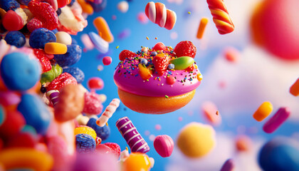 Vibrant candy and dessert explosion against a bright backdrop.