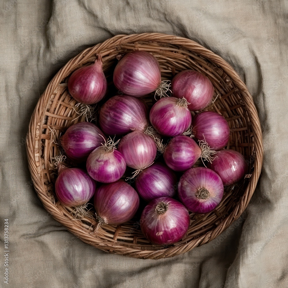 Poster crimson onions in rustic woven basket a harvest of color and texture on burlap fabric
