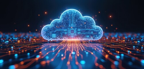 Cloud network concept. Futuristic glowing cloud with circuit board texture. Digital online information transfer, exchange, global connection, database access. Tech solution for business, service,