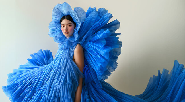 Fashion editorial Concept. Freckled girl of high fashion couture tulle flowing conceptual and pleats petal like blue swirl bridal angel dress, headgear hat headpiece. copy text space	
