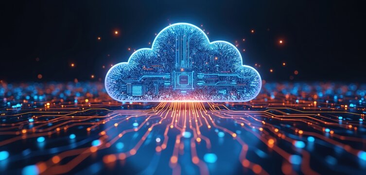 Cloud network concept. Futuristic glowing cloud with circuit board texture. Digital online information transfer, exchange, global connection, database access. Tech solution for business, service,
