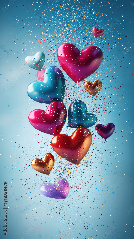 Poster floating hearts: a collection of colorful, three-dimensional hearts floats gracefully against a back