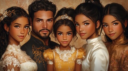 Obraz premium Hispanic family with traditional attire and intricate patterns, young female children and adult male, diverse ages