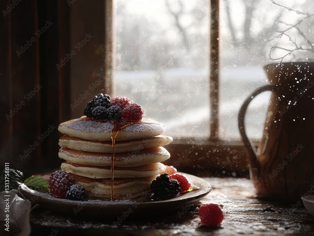 Poster fresh pancakes stack with raspberry and blackberry drizzled maple syrup next to snowy window morning