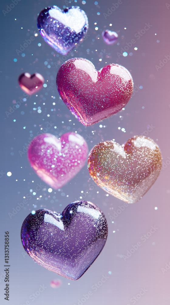 Poster sparkling hearts: glittering heart shapes of varying sizes and shimmering textures float in a dynami