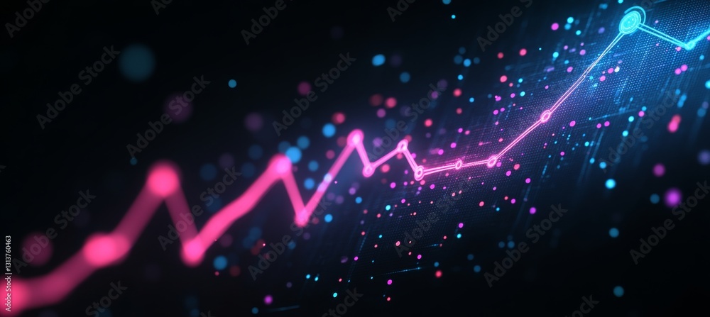 Poster dynamic futuristic data visualization with glowing financial lines on a dark background