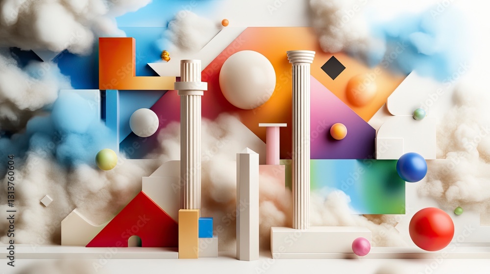 Poster abstract 3d composition with colorful geometric shapes, classical columns, and soft clouds.