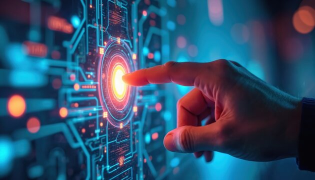 Finger pushing glowing button on touch screen interface. Digital technology. Futuristic cyberspace concept. High tech, technologies abstract background. Data stream visualization. Digitalization