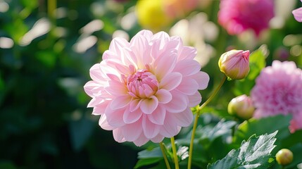 Fototapeta premium Beautiful Pink Dahlia Flower in Lush Green Garden Setting