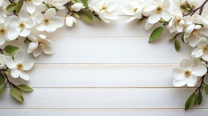 Elegant composition of blooming magnolia branches on a white wooden surface, perfect for spring-themed designs, weddings, or floral arrangements.