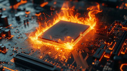 A dramatic scene of a fire burning on a motherboard chip, with glowing orange flames and smoke rising against the black circuit board, symbolizing power and technological risk.