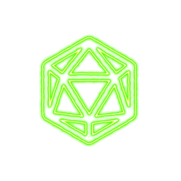 Icon dice d20 from the flow of energy of green color. Shimmering neon