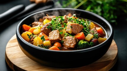 Hearty Vegetable Stew with Tender Meat in a Black Bowl