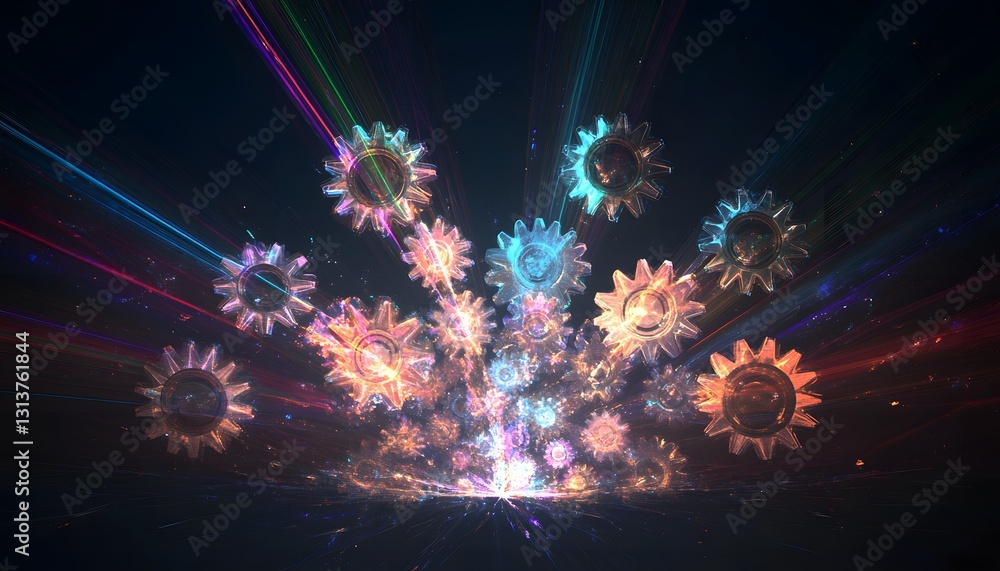 Poster glowing gears exploding in a colorful nebula