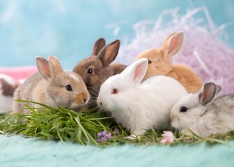Group of Adorable Baby Rabbits on Grass