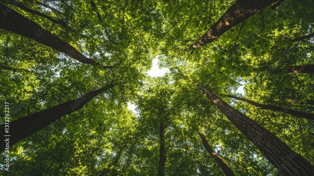 Poster sunbeams through a dense canopy a circular view of majestic, towering trees from the forest floor.