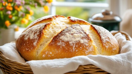 Freshly Baked Artisan Bread in a Basket with Cooking Details