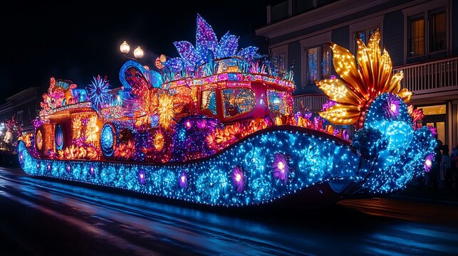 A glowing parade float covered in bright decorations and painted textures