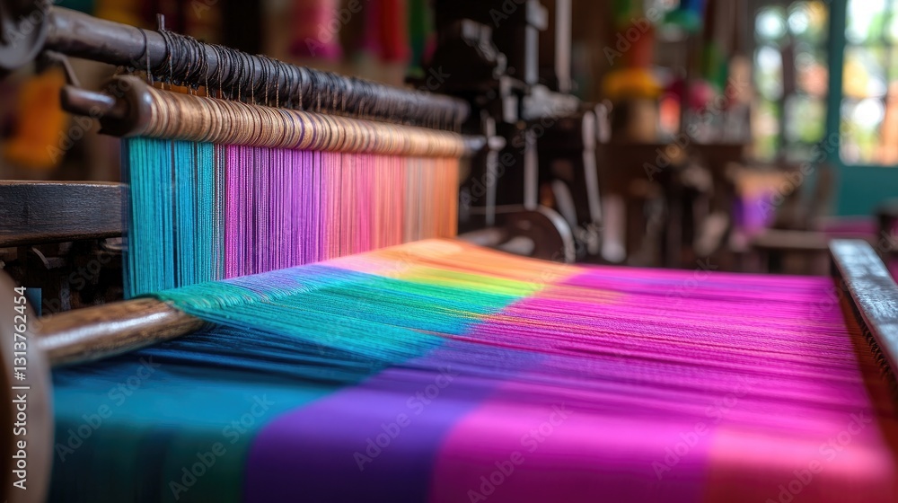 Poster colorful threads on a loom creating vibrant textile patterns