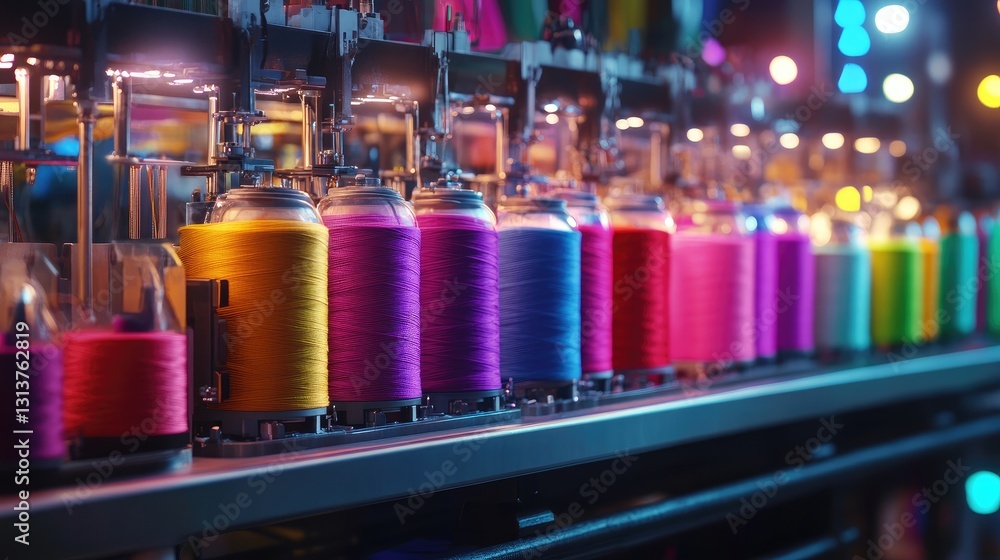 Poster vibrant spools of thread in a colorful textile production environment