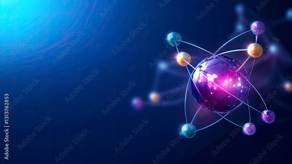 Fototapete abstract 3d rendering of an atom model with glowing particles orbiting a central core against a dark