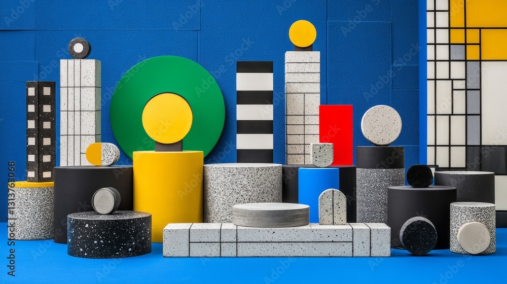 Poster geometric arrangement with bold colors and textures abstract design featuring cylinders spheres and 