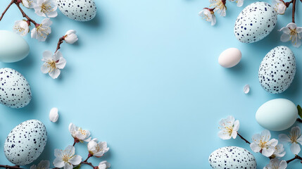 Frame of white and blue speckled Easter eggs with cherry blossoms on a light blue background. Spring holiday template for greeting cards and banners. Top view, flat lay, mock up with copy space.