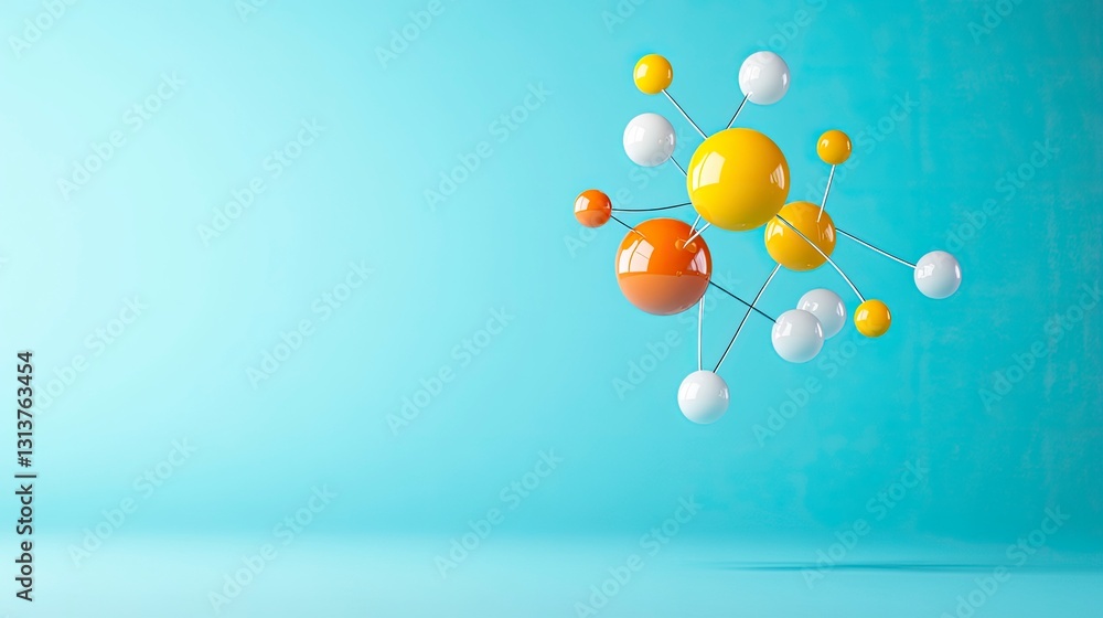 Poster abstract 3d rendering of colorful spheres connected by thin lines against a light blue background.