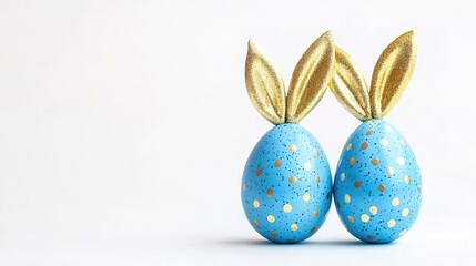 Two blue easter egg with gold bunny ears	
