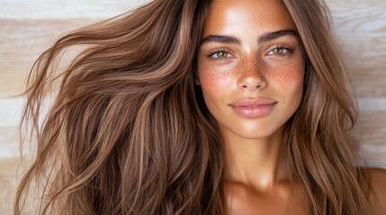 Fototapeta premium A captivating image of a radiant young woman with long hair and beautiful freckles, exuding confidence and charm against a rustic wood background.