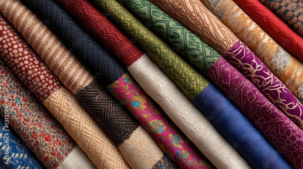 Poster vibrant textiles with rich patterns and colors for crafting projects