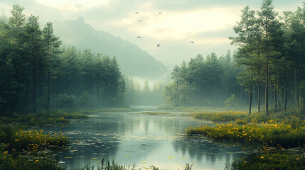 the dawn of spring in a valley